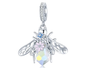 Queen Bee Dangle Charm Flowers Crystal Body Cubic Zirconia Compatible With Pandora Bracelets Genuine 925 Sterling Silver