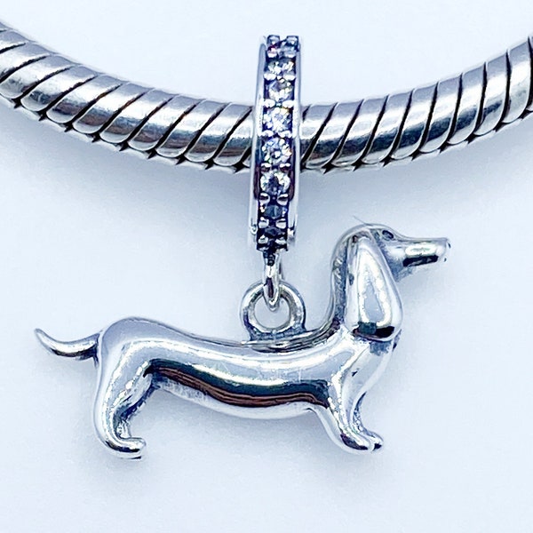 Amo a mi Dachshund Dangle Charm Hermoso Cachorro Perro Mascota Compatible con Pulseras Pandora Auténtica Plata de Ley 925 Circonita Cúbica