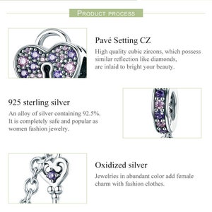 Cœur d'amour avec cadenas et porte-clés compatible avec un bracelet Pandora en argent sterling 925 véritable Zircone cubique image 8
