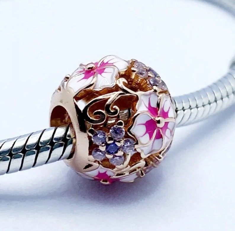Cherry Blossom Charm Bead Flower Round Rose Gold Compatible With ...