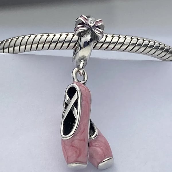 Ballet Shoes Dangle Charm Dance Pink Compatible With Pandora Bracelets Genuine 925 Sterling Silver