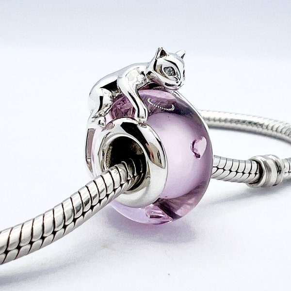 I Love My Cat Murano Glass Charm Bead Animal Pet Compatible With Pandora Bracelets Genuine 925 Sterling Silver