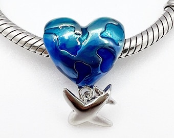 Travel Around The World Charm Bead Holiday Plane Love Heart Compatible With Pandora Bracelets Genuine 925 Sterling Silver