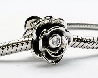Rose Flower Charm Bead Floral Compatible With Pandora Bracelets Genuine 925 Sterling Silver & Cubic Zirconia