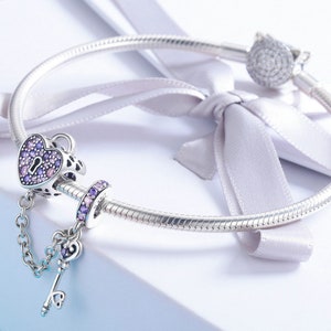 Cœur d'amour avec cadenas et porte-clés compatible avec un bracelet Pandora en argent sterling 925 véritable Zircone cubique image 3