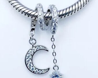 Swaying Moon & Star Charm Bead With Cubic Zirconia Compatible With Pandora Bracelets Genuine 925 Sterling Silver