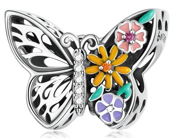 Flowers On Butterfly Charm Bead Compatible With Pandora Bracelets Genuine 925 Sterling Silver Dazzling Cubic Zirconia