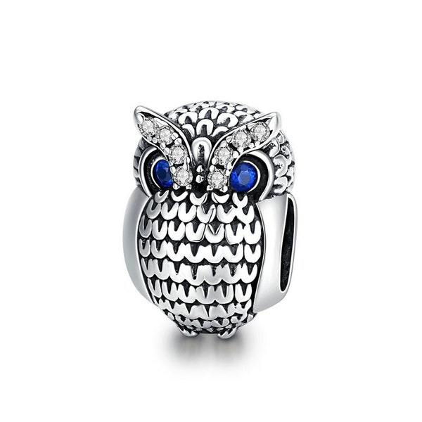 Charm hibou oiseau animal avec oxyde de zirconium bleu compatible avec Pandora véritable argent sterling 925