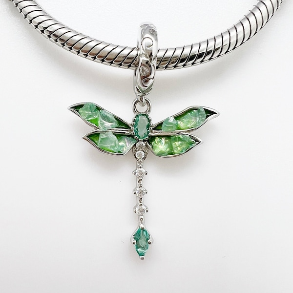 Green Dragonfly Dangle Charm Pendant Insect Wings Compatible With Pandora Bracelets Genuine 925 Sterling Silver & Cubic Zirconia