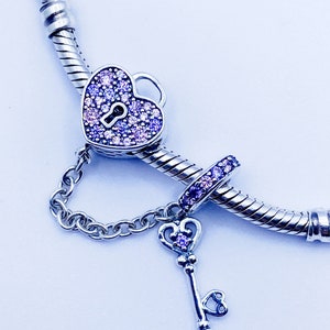 Cœur d'amour avec cadenas et porte-clés compatible avec un bracelet Pandora en argent sterling 925 véritable Zircone cubique image 1