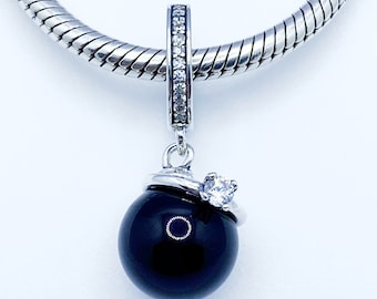 Black Pearl Ring Dangle Charm Pendant Noble Temperament Compatible With a Pandora Bracelets Genuine 925 Sterling Silver & Cubic Zirconia