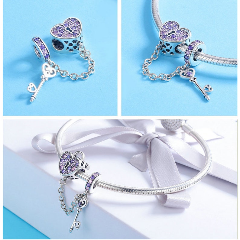 Cœur d'amour avec cadenas et porte-clés compatible avec un bracelet Pandora en argent sterling 925 véritable Zircone cubique image 5