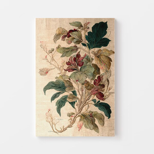 Antique Botanical Tapestry Print on Beige Linen | Green Red Floral Design | Faded Colored Pencil Old Aged Charm |Digital Download 24x36, 5x7