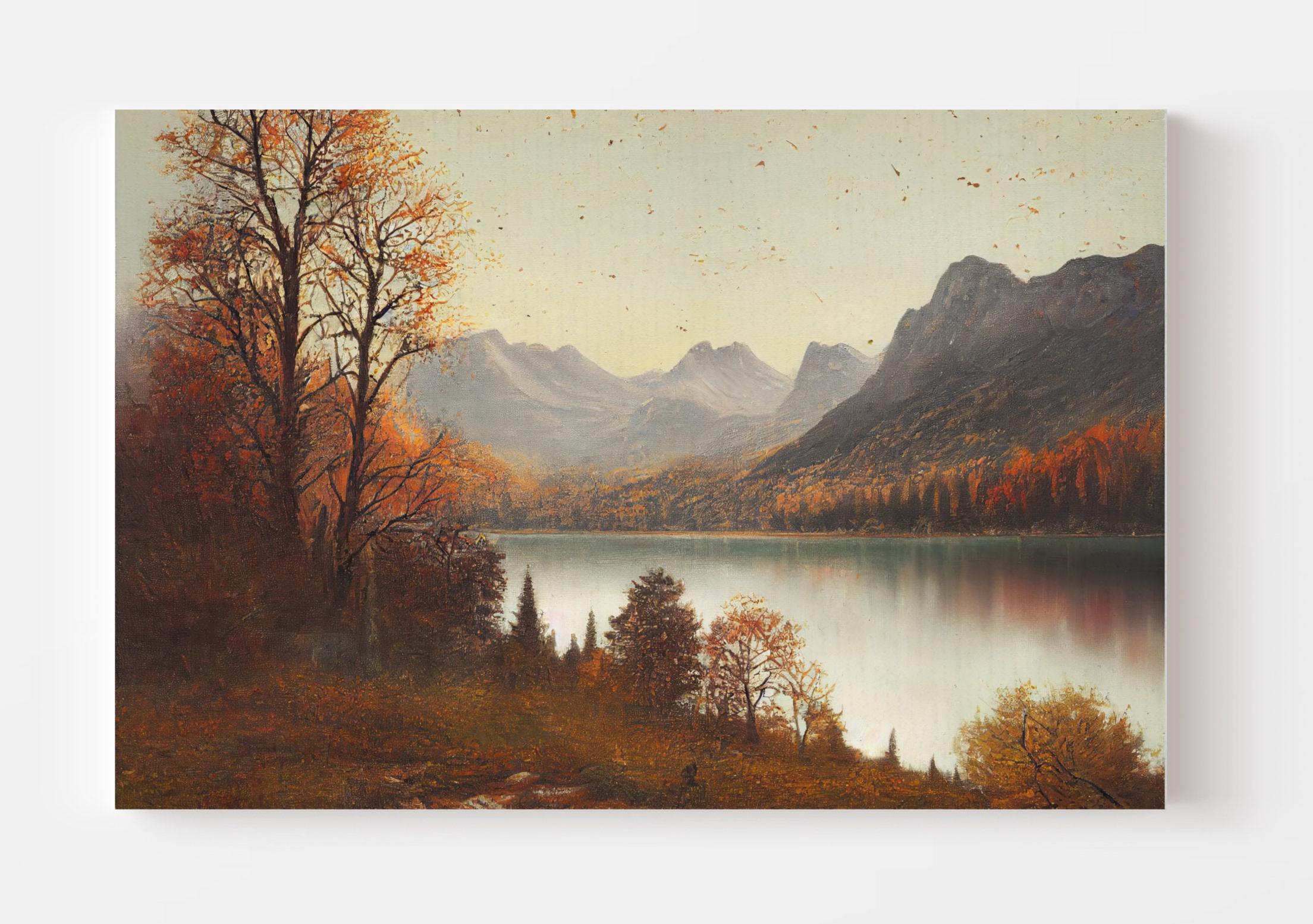 素朴な秋の湖の油絵：ヴィンテージの山の風景画（デジタルダウンロード