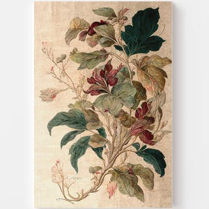 Antiek botanische tapijtprint op beige linnen | Groen rood bloemdessin | Vervaagd kleurpotlood ouderwetse bedel | Digitale download: 24 x 36, 5 x 7