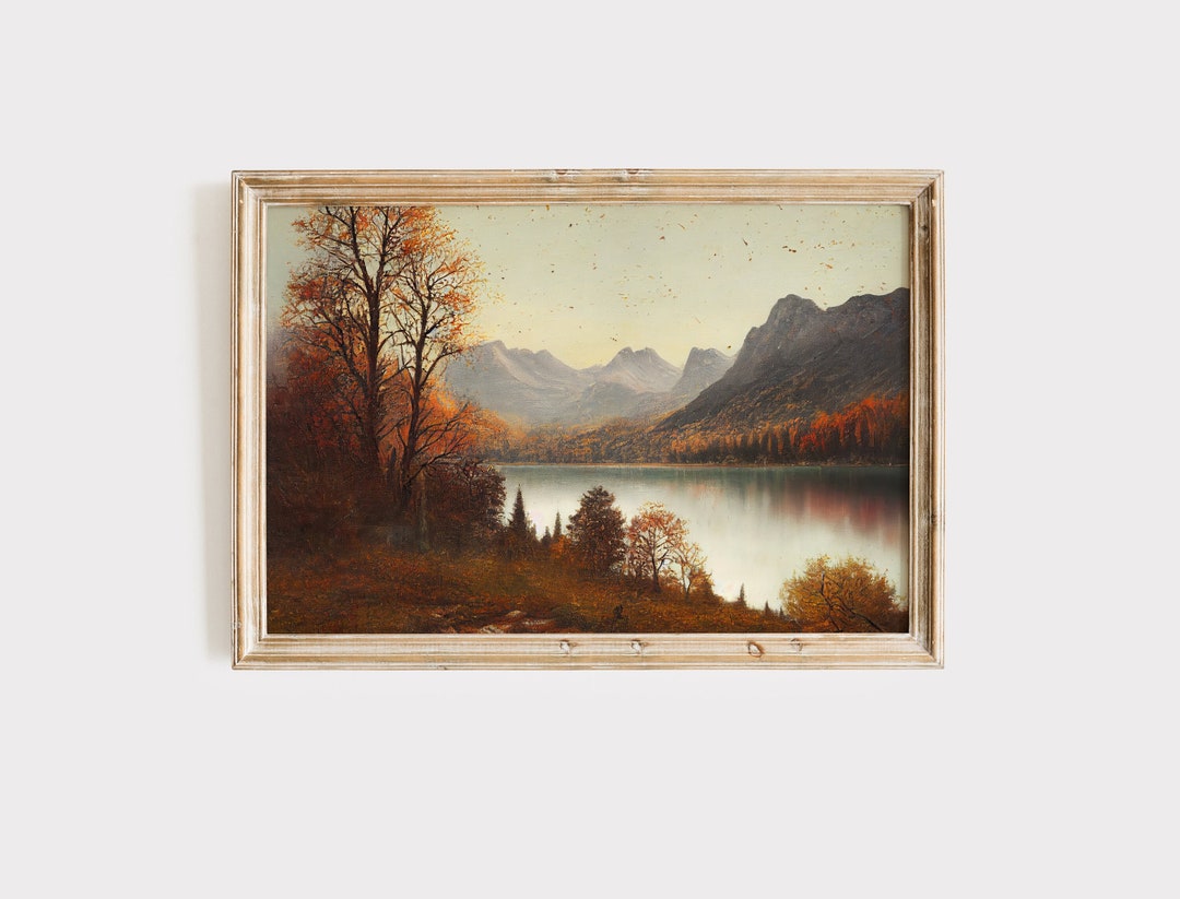 Rustic Autumn Lake Oil Painting: Vintage Mountain Landscape Art ...