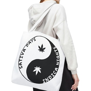 Ying Yang ウィードリーフトートバッグ、420フレンドリーなデザイン、毎日使える大麻グラフィックのキャリーオール、マリファナ愛好家へのギフトショルダーバッグ