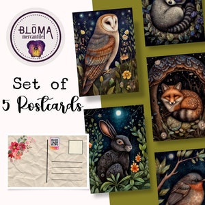 Postcard Set of 5 | Night Forest Animals | Postcrossing | Postcard Swap | Fox | Postcard Art | Hare | Owl | Racoon | Bird | Postcard Art