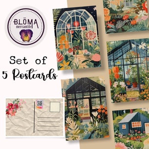 Postcard Set of 5 | Abstract Greenhouse Gardens | Postcrossing | Postcard Swap | Postcard Art | Glass Greenhouses | Garden Art