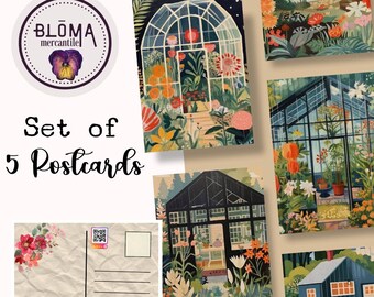 Postcard Set of 5 | Abstract Greenhouse Gardens | Postcrossing | Postcard Swap | Postcard Art | Glass Greenhouses | Garden Art