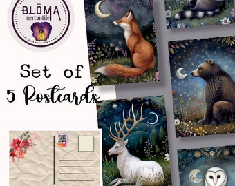 Set di 5 cartoline / Animali al chiaro di luna / Postcrossing / Scambio di cartoline / Procione /Arte da cartolina / Volpe / Cervo bianco / Gufo delle nevi / Orso bruno