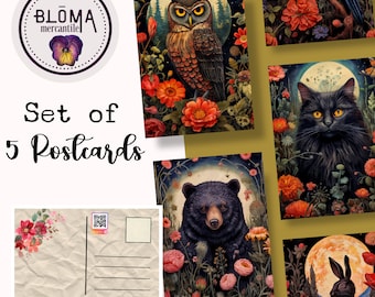 Postcard Set of 5 | Botanical Night Animals | Postcrossing | Carte Postale | Postcard Art | Owl | Black Cat| Hare | Raven | Black Bear