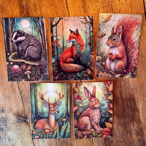 Papier cartonné premium ! Cartes postales, lot de 5 | Animaux de la forêt | Post-traversée | Carte postale | Cerf | de carte postale | Lièvre | Blaireau |  Renard | Écureuil