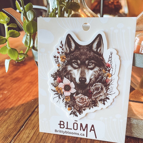 Vinyl Sticker/ Tumbler Sticker/ Flowers/ Waterproof / Stocking Stuffer/Black Wolf/ Floral Wolf/ Wolf Sticker/ Wolf Lovers