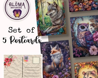 Postcard Set of 5 | Purple Forest Animals | Postcrossing | Postcard Swap | Wolf | Hedgehog | Owl | Possum |  Fox | Postcard Art