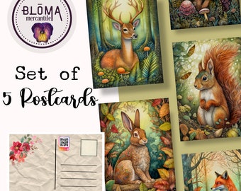 Postcard Set of 5 | Forest Animals | Postcrossing | Carte Postale | Deer | Postcard Art | Hare | Badger |  Fox | Squirrel | Postcard Art