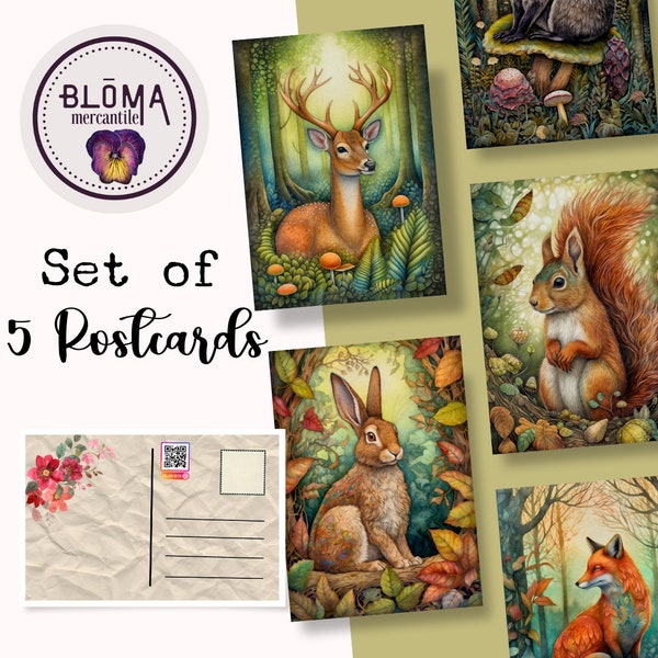 Postcard Set of 5 | Forest Animals | Postcrossing | Carte Postale | Deer | Postcard Art | Hare | Badger |  Fox | Squirrel | Postcard Art