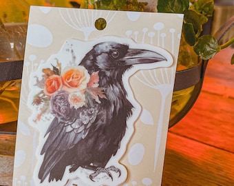 Vinyl Sticker/ Tumbler Sticker/ Raven/ Flowers/ Cottagecore / Waterproof / Black Bird/ Crow