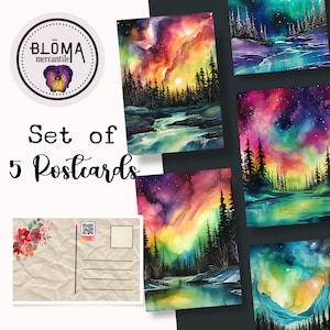 Postcard Set of 5 | Aurora Borealis | Postcrossing | Postcard Swap | Postcard Art | Northern Lights | Winter Landscape