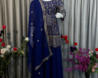 Ready To Wear 3 Piece Blue Sharara Suit • Partywear Georgette Kurti palazzo with Dupatta set • Wedding Dress For Women • anarkali Kurtis