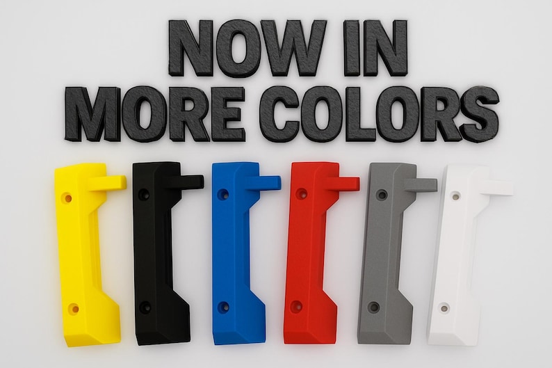 May include: Six coloured handles are displayed in yellow, black, blue, red, grey, and white. The text "NOW IN MORE COLORS" is above the handles. The handles are arranged in a row against a white background.
