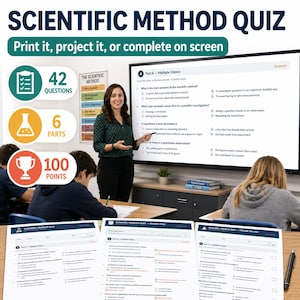 May include: A Scientific Method Quiz educational resource featuring a large digital display showing multiple-choice questions, printed worksheets, and an answer key. The materials include 42 questions across 6 parts, totaling 100 points, designed for classroom use.