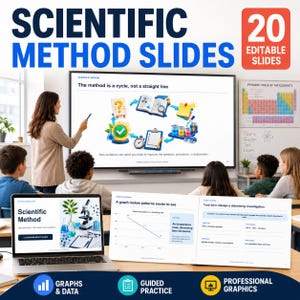 May include: A set of 20 editable digital slides titled Scientific Method Slides, featuring educational graphics, a cycle diagram, a line graph showing water temperature versus dissolving time, and guided practice prompts for classroom science investigations.