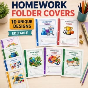 May include: A collection of ten editable homework folder covers featuring various colourful illustrations including science equipment, sports trophies, globes, art supplies, and space themes, each with designated lines for student information.