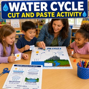 May include: A water cycle cut and paste activity worksheet featuring a diagram of the water cycle with numbered boxes, a separate sheet of cut-outs with labels like evaporation and precipitation, and colorful illustrations of the sun, clouds, and mountains.