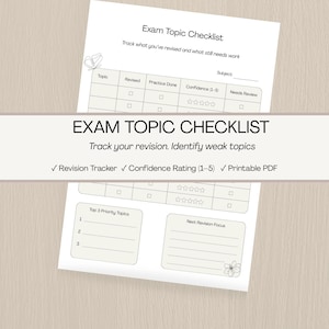 Op de afbeelding: Een witte examenonderwerpen checklist met de titel "Exam Topic Checklist" en de tekst "Houd bij wat je hebt herzien en wat nog moet worden gedaan." De checklist bevat secties voor onderwerpen, revisie, oefening, vertrouwen en beoordeling.
