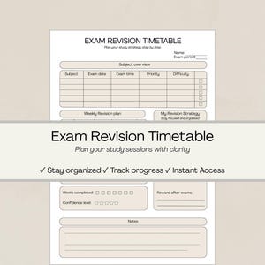 Peut inclure: Emploi du temps de révision d'examen, un planificateur d'étude avec un design beige et blanc. L'emploi du temps comprend des sections pour l'aperçu des matières, le plan de révision hebdomadaire et les notes.