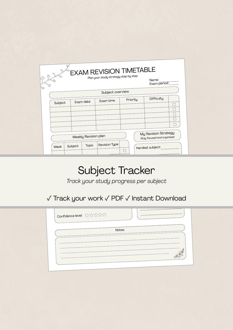 Subject Tracker Printable, Study Progress Tracker PDF, Exam Revision ...