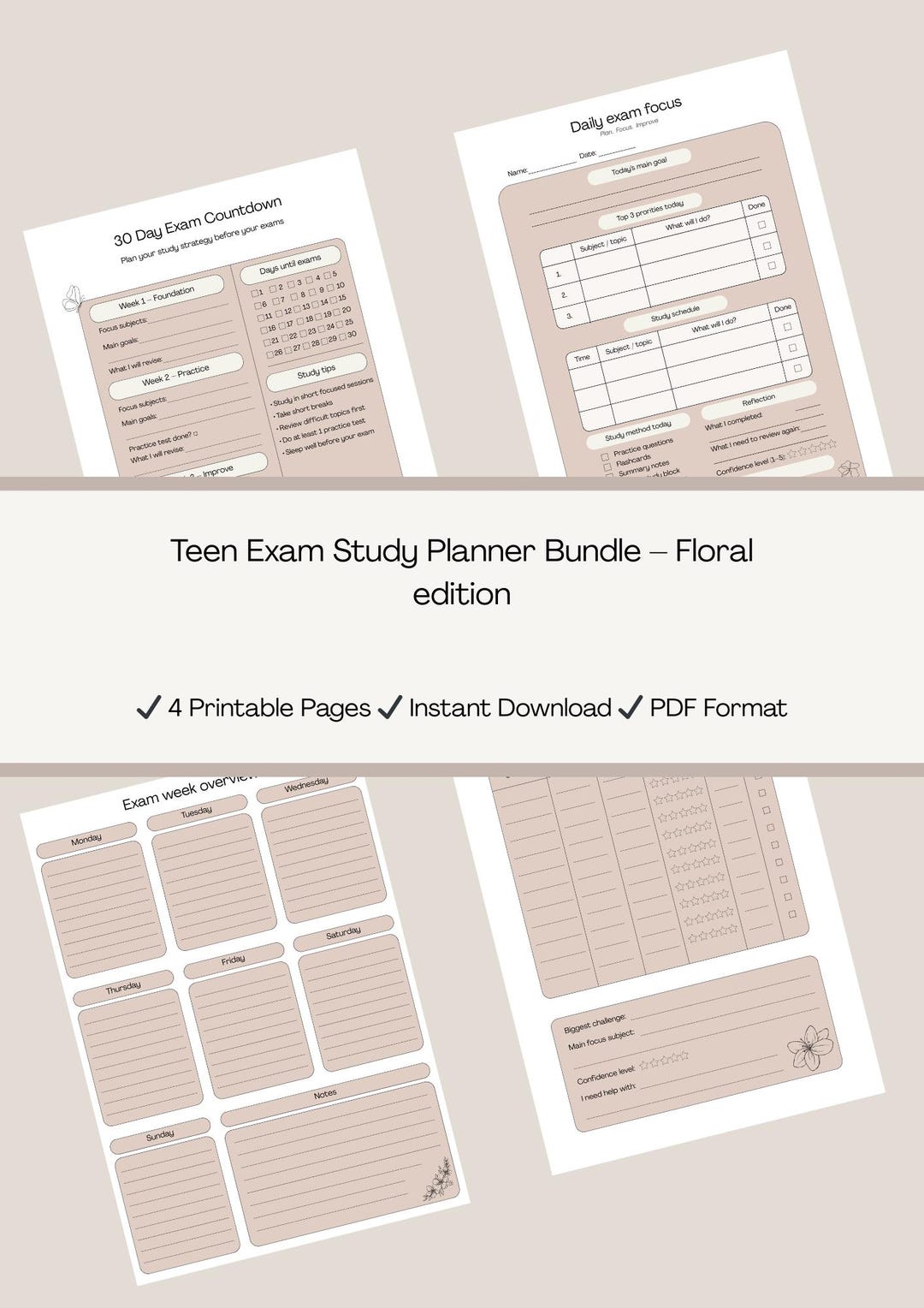 Floral Exam Planner Printable PDF | Aesthetic Study Planner for Teens ...