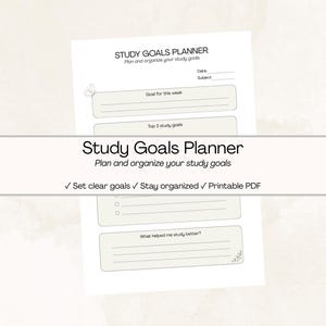 Op de afbeelding: Een witte Study Goals Planner met de tekst "Study Goals Planner" en "Plan en organiseer je studie doelen". De planner bevat secties voor wekelijkse doelen, top 3 doelen en zelfreflectie. Het heeft ook vinkjes voor het stellen van doelen.