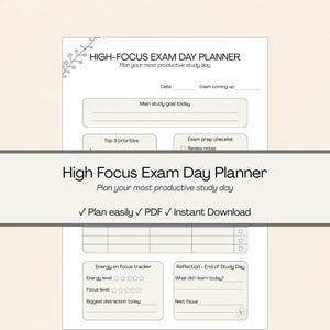 High Focus Exam Day Planner Printable | Study Day Planner PDF | Exam Study Planner | Student Revision Planner | Aesthetic Study Printable