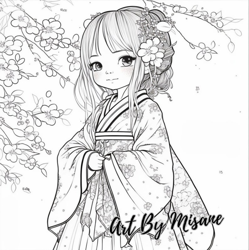 Little Japanese Girl | Coloring Page for Adult | Grayscale Coloring ...