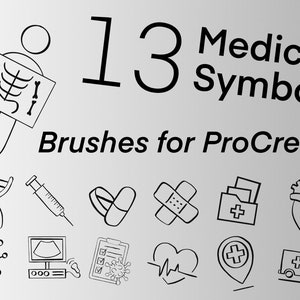 Könnte beinhalten: Digitale Illustration mit 13 medizinischen Symbolen, darunter eine DNA-Strähne, eine Spritze, Pillen und ein Herz. Der Text "13 Medical Symbols Brushes for ProCreate" wird über den Symbolen angezeigt, die in Schwarz auf einem grauen Farbverlaufshintergrund gezeichnet sind.