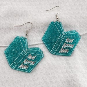 Read Banned Books Glitter Dangle Earrings, Teacher Earrings, Librarian Earrings, Resistance Earrings, Quirky Earrings, Banned Books