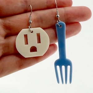 Mismatched Outlet & Fork Earrings, Quirky Jewelry, Novelty Earrings, Fun Gifts for Her, Weird Earrings, Cool Earrings, Funny gift