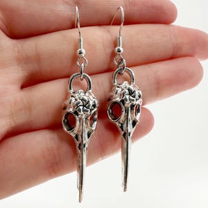 Raven Bird Skull Earrings, Antique Silver Bird Skulls, Halloween Jewelry, Gothic Jewelry